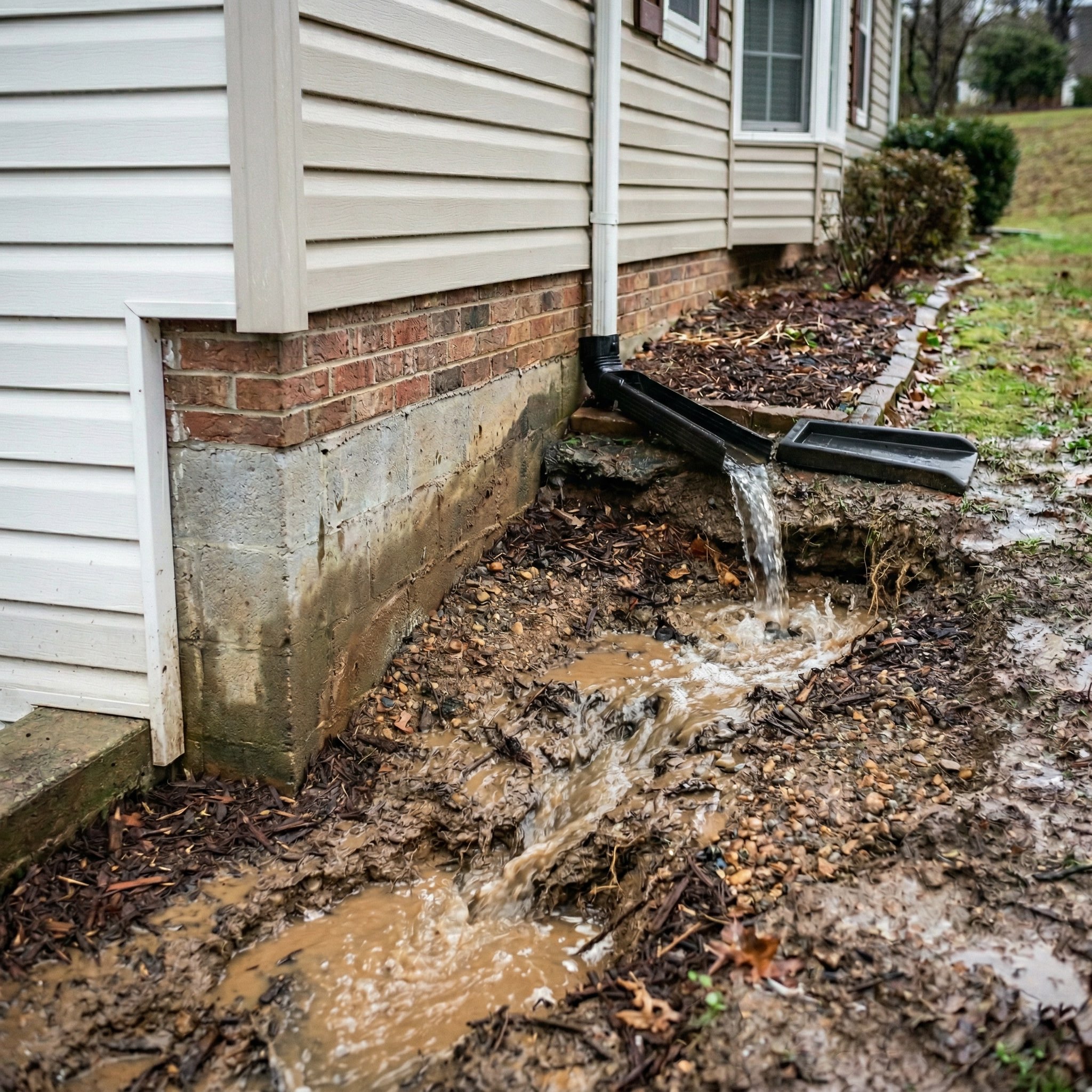 Soil washout and water damage near a home's foundation